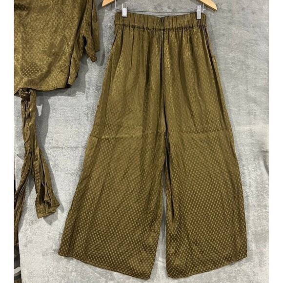 Free People Morning Dove 2pc Set Green Satin Wrap Tie Top Wide Leg Crop Pant Sm - Picture 13 of 13